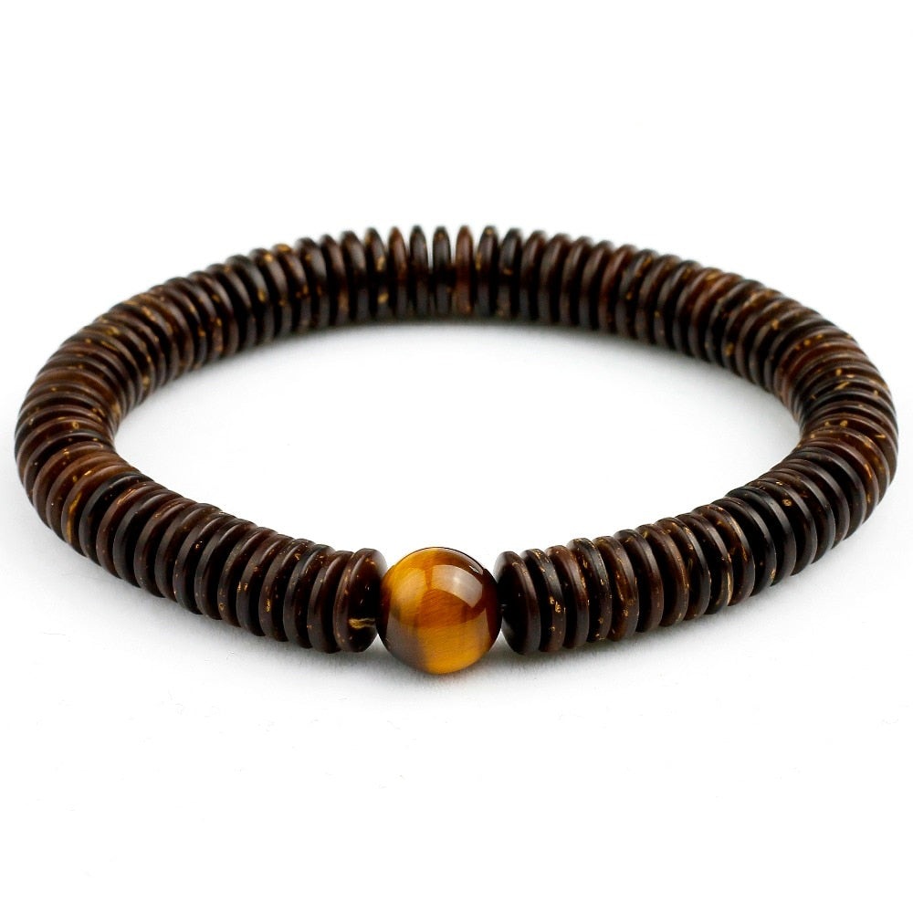 Natural 9MM Coconut Shell With 10MM Tiger's Eye Stone/Beads Bracelet