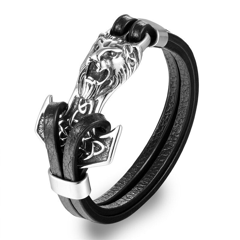 Men's Stainless Steel Lion Anchor Leather Wristband