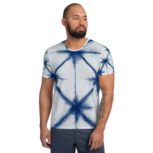 Shibori Tie-Dye Blue Stars All-Over Print Men's Athletic T-shirt designed by Robert Bowen