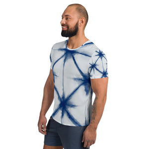 Shibori Tie-Dye Blue Stars All-Over Print Men's Athletic T-shirt designed by Robert Bowen