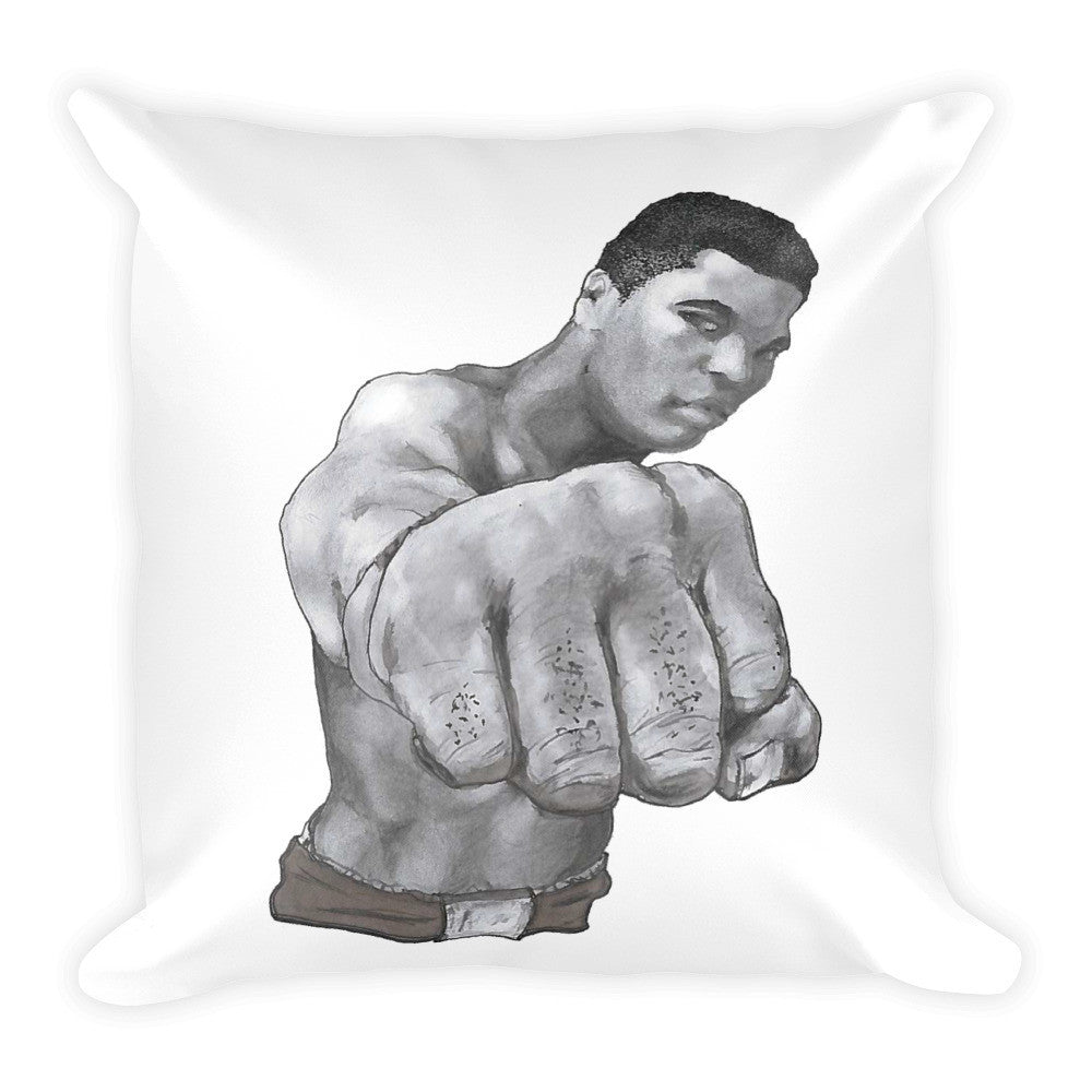 MU Ali Fist in Perspective Square Cushion Illustrated by Robert Bowen - Robert Bowen Tees
