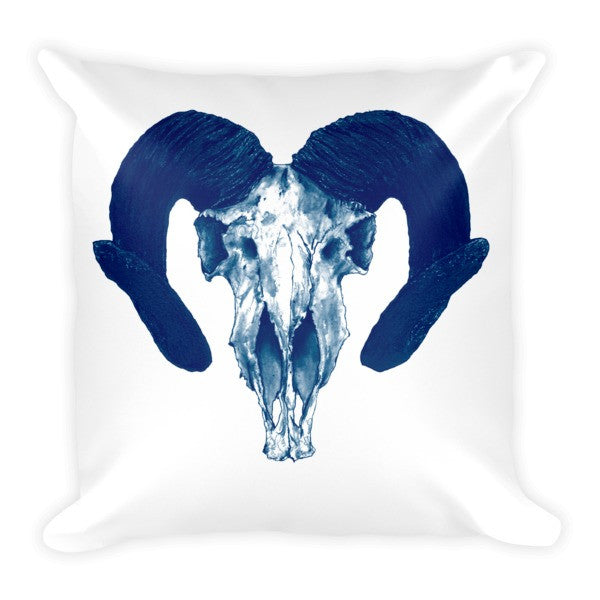 Ram Skull Concave Turned Horns  Blue Ink Cushion by Robert Bowen - Robert Bowen Tees