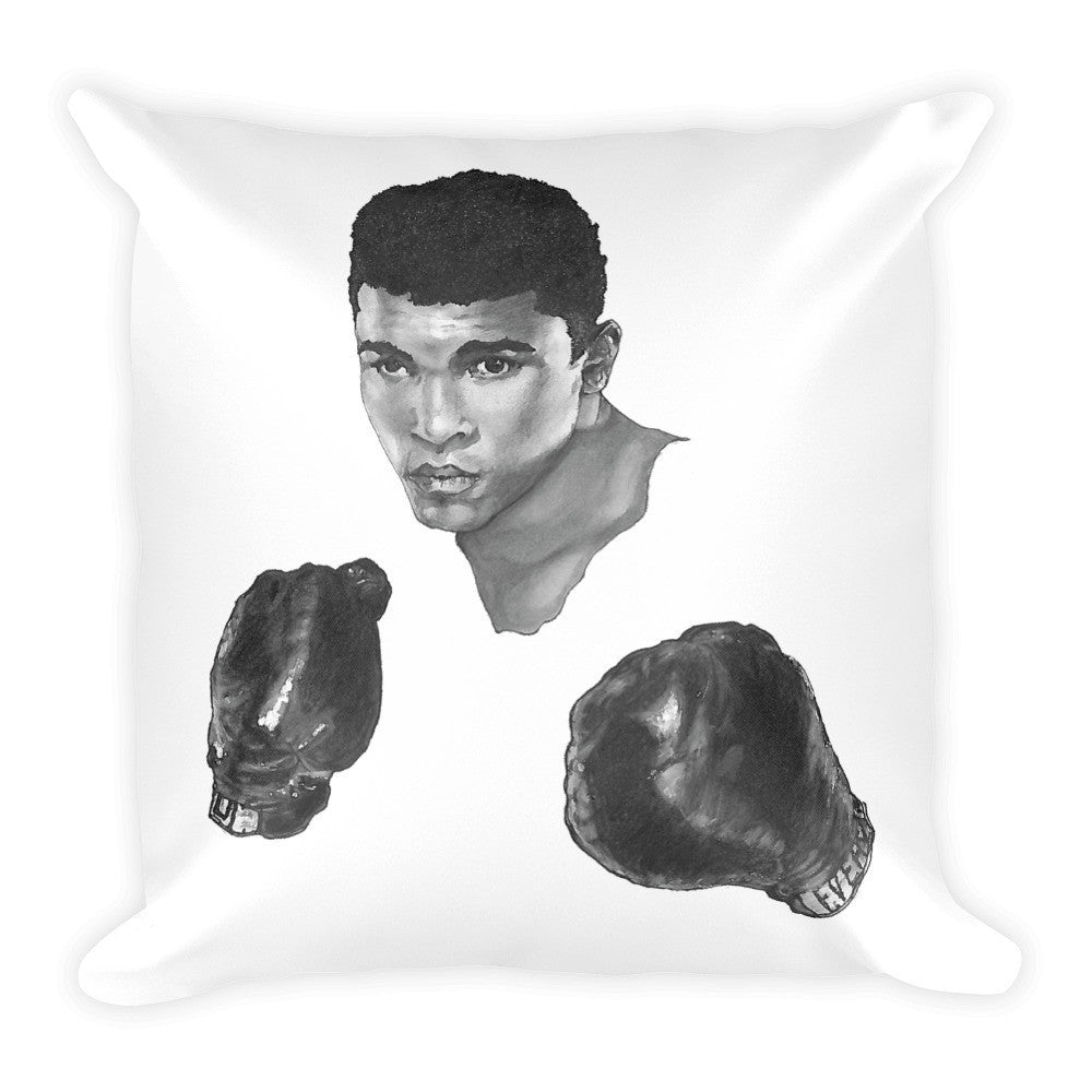 MU Ali Boxing Square Cushion Illustrated by Robert Bowen - Robert Bowen Tees