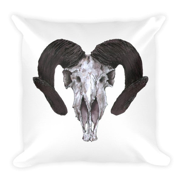 Ram Skull Concave Turned Horns Black Ink Cushion by Robert Bowen - Robert Bowen Tees